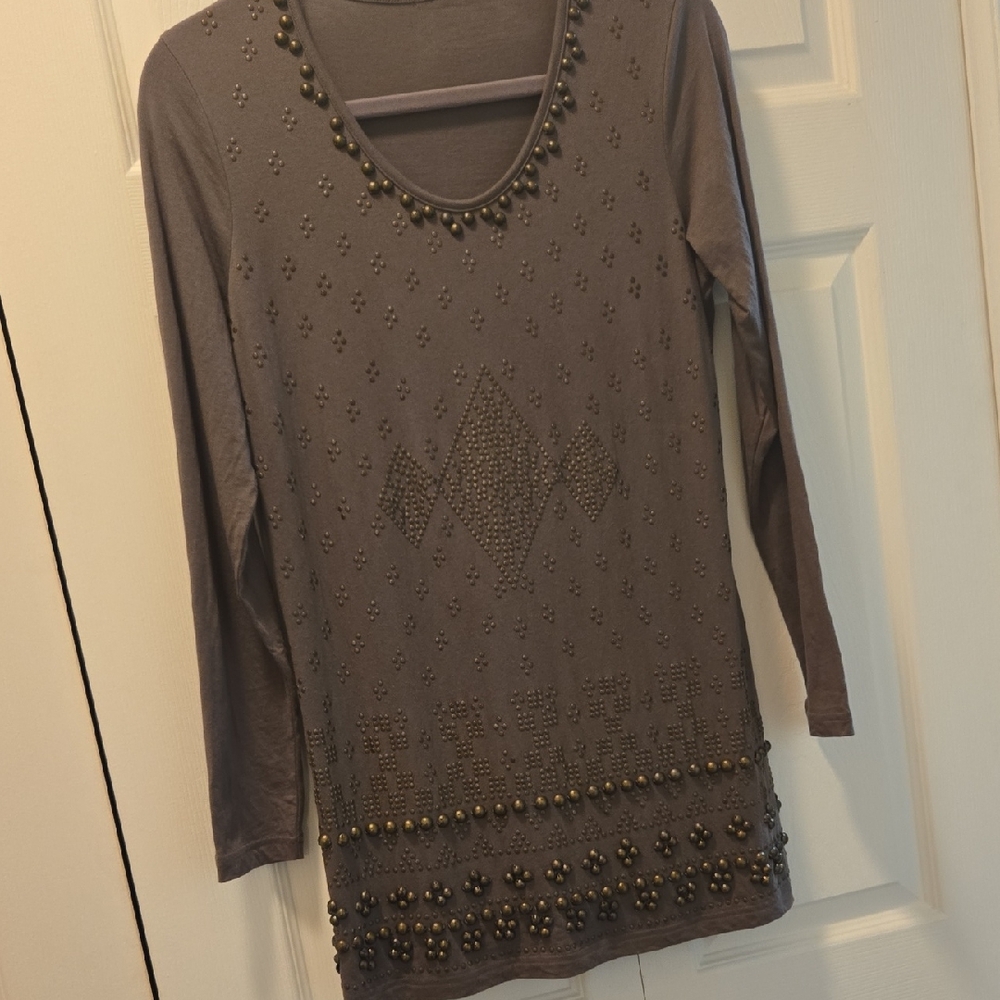 DG2 by Diane Gilman Taupe Beaded Long-Sleeve Tunic